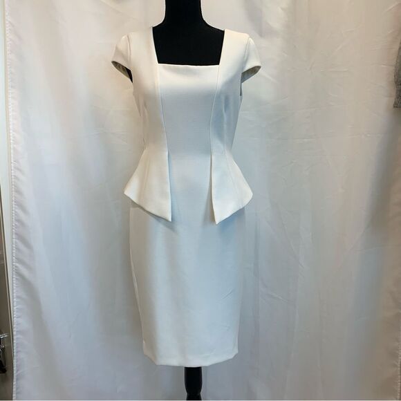 Zara White peplum short puff sleeve midi dress Sz S - Picture 3 of 12